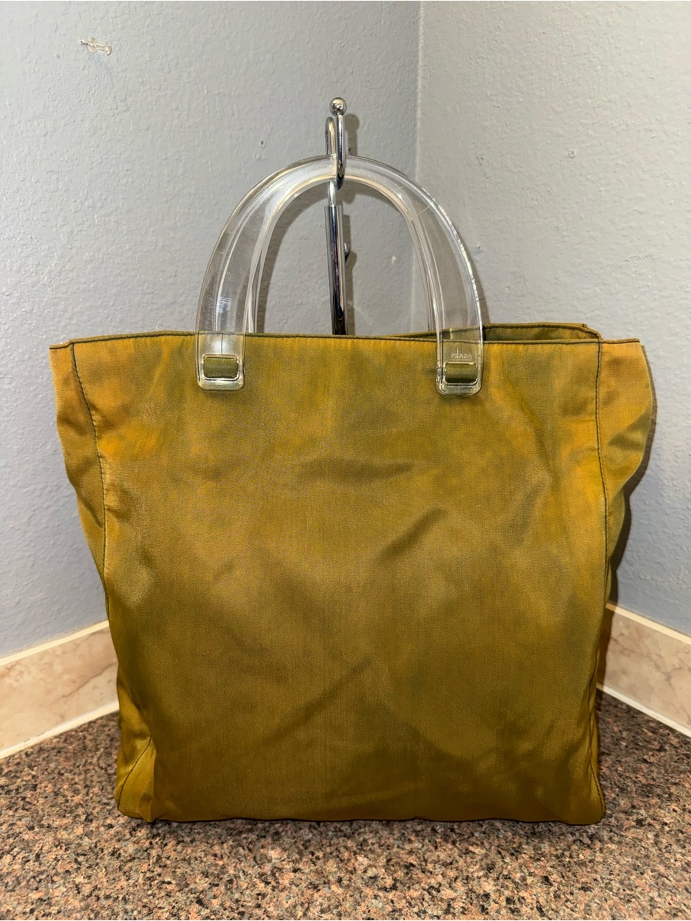 Prada Tessuto Nylon top handle Tote Bag with Clear Lucite Handles (olive green)